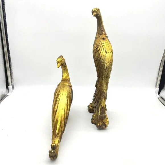 Vintage Syroco Gold Peacock Figurines Pair Hollywood Regency Bird Statues MCM - Picture 4 of 9